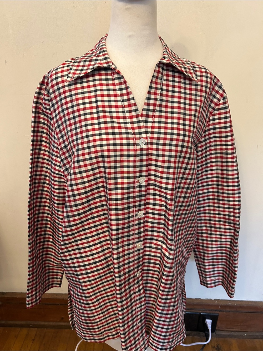 Sunny Leigh Gingham long sleeve red black white silk blouse Size L EUC